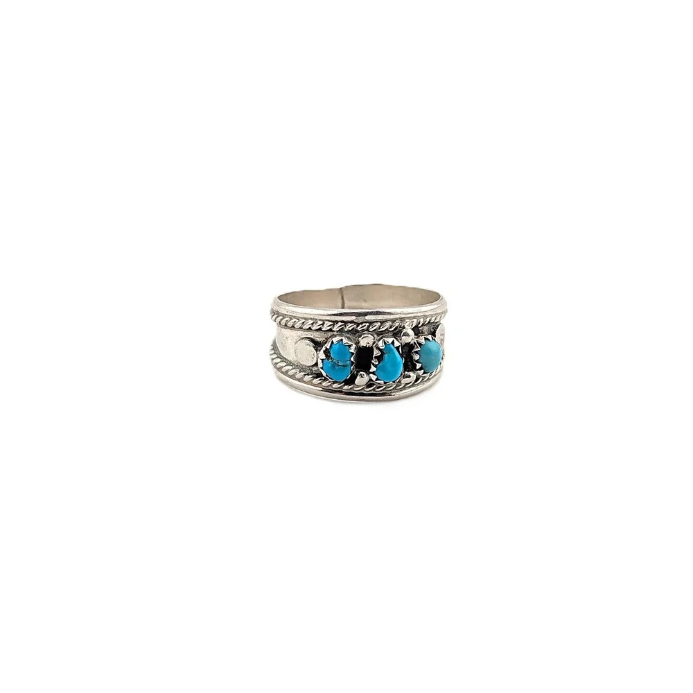 Native American 3-Stone Band Turquoise Ring Sterling Silver Jewelry Sz 10.25US**